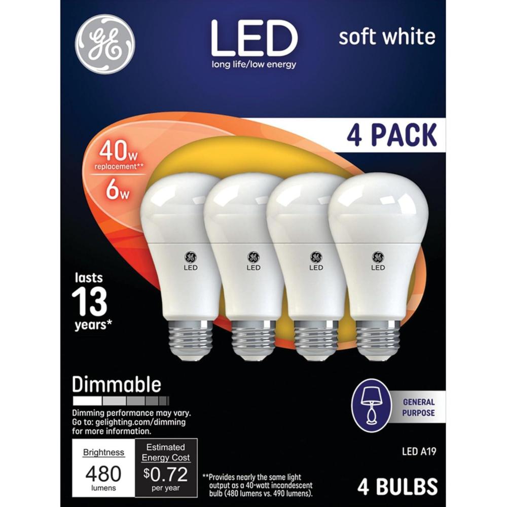 imageGE LED Light Bulbs 40 Watt Soft White A19 4 Pack4 Pack