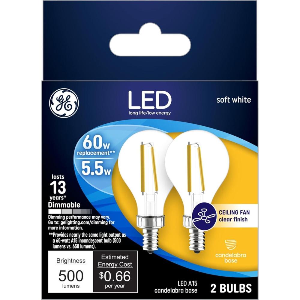 imageGE LED Light Bulbs 60 Watt Soft White A15 Ceiling Fan Bulbs Clear Small Base 12 PackClear