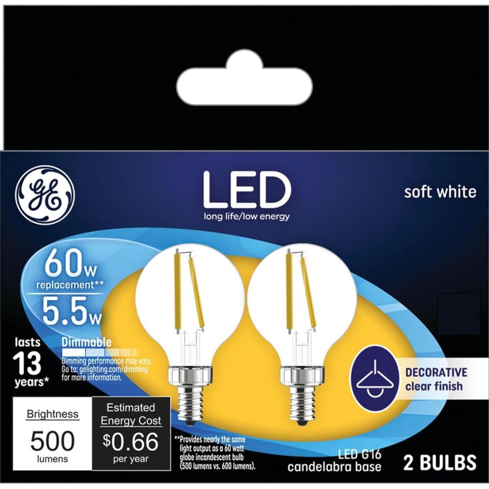 imageGE LED Light Bulbs 60 Watt Soft White G165 Globe Bulbs Clear Small Base 2 PackSoft White