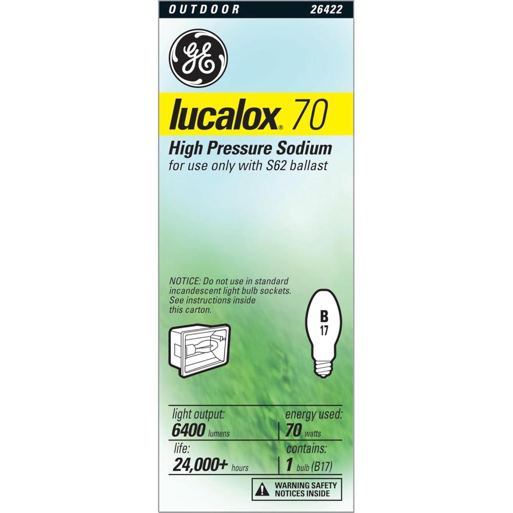 imageGE Lucalox High Pressure Sodium Light Bulb B17 HPS Bulb 70 Watt Medium Base1 Count Pack of 1