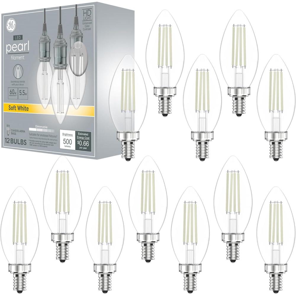 imageGE Pearl Filament LED Light Bulbs B11 Decorative Candle Lights HighDefinition and Dimmable LED Bulbs Soft White 60Watt Replacement Small Candelabra Base 12 PackSoft White