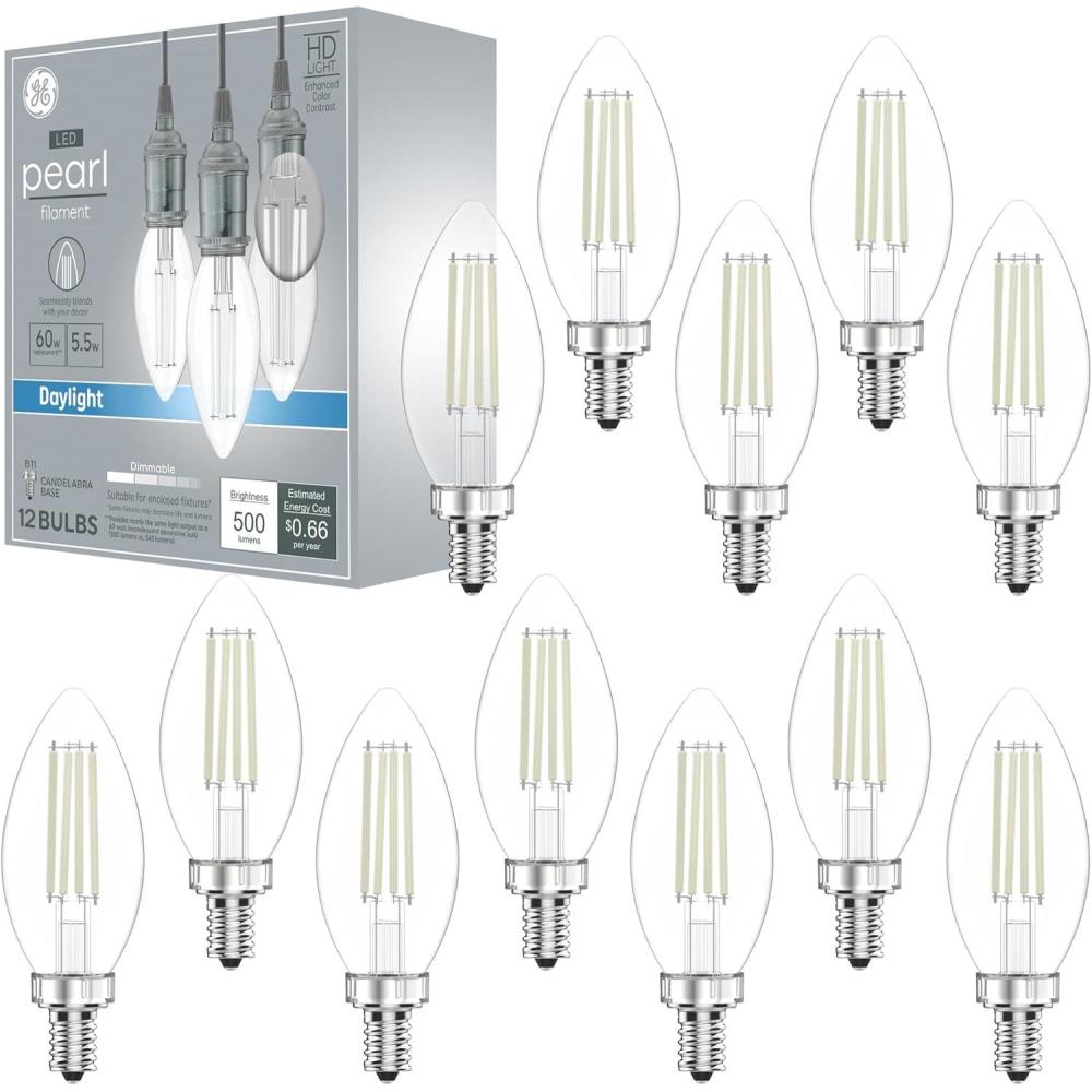 imageGE Pearl Filament LED Light Bulbs B11 Decorative Candle Lights HighDefinition and Dimmable LED Bulbs Soft White 60Watt Replacement Small Candelabra Base 12 PackDaylight