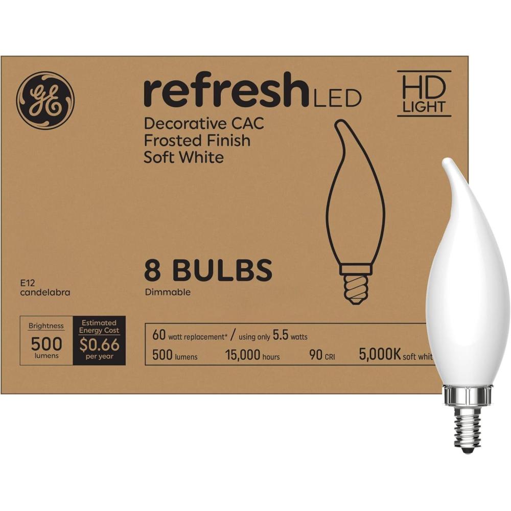 imageGE Refresh LED Light Bulbs 60W Daylight Candle Lights Frosted Decorative Light Bulbs Small Base 8 Pack