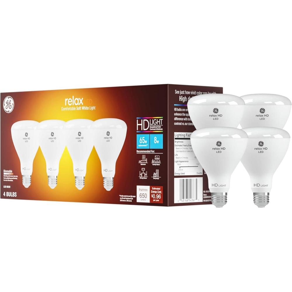 imageGE Relax LED Light Bulb 65 Watt Soft White BR30 Indoor Floodlight 4 Pack