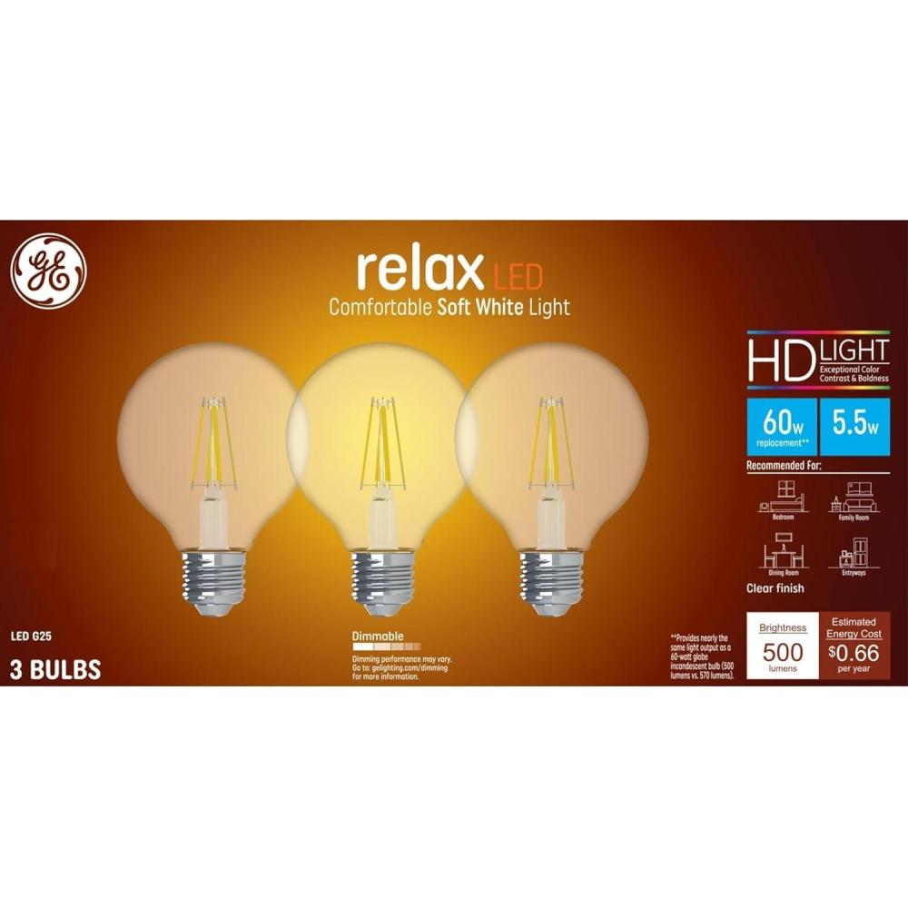 imageGE Relax LED Light Bulbs 60 Watt Soft White G25 Globe Bulbs Clear Medium Base 3 Pack