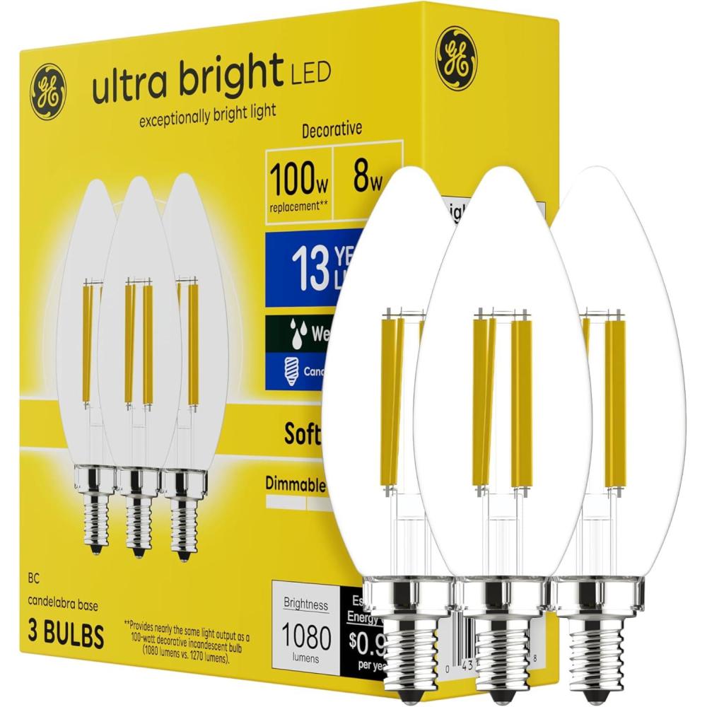 imageGE Ultra Bright LED Light Bulbs 100W Soft White Candle Lights Clear Decorative B12 Light Bulbs 3 Pack3 Pack