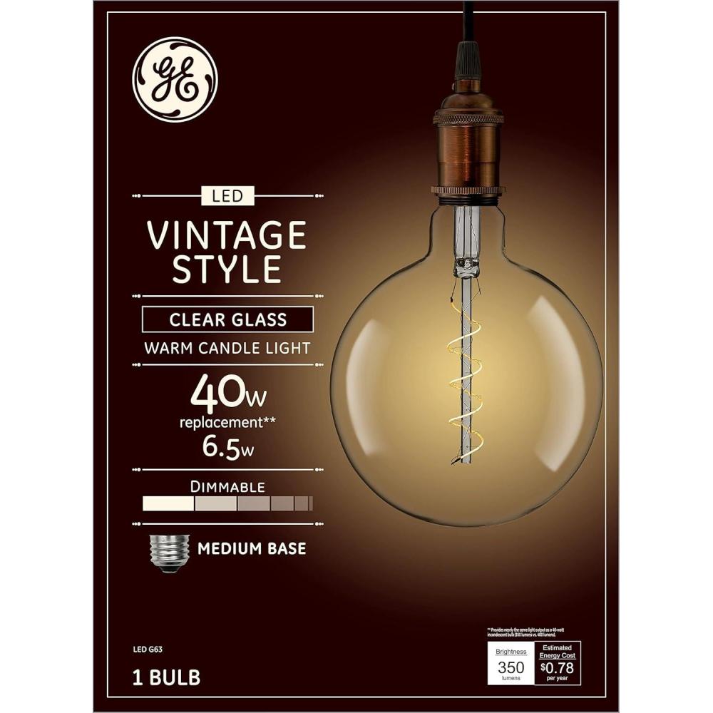 imageGE Vintage Style LED Light Bulb 40 Watt Clear Finish Warm Candle Light G63 Large Globe Bulb 1 PackClear