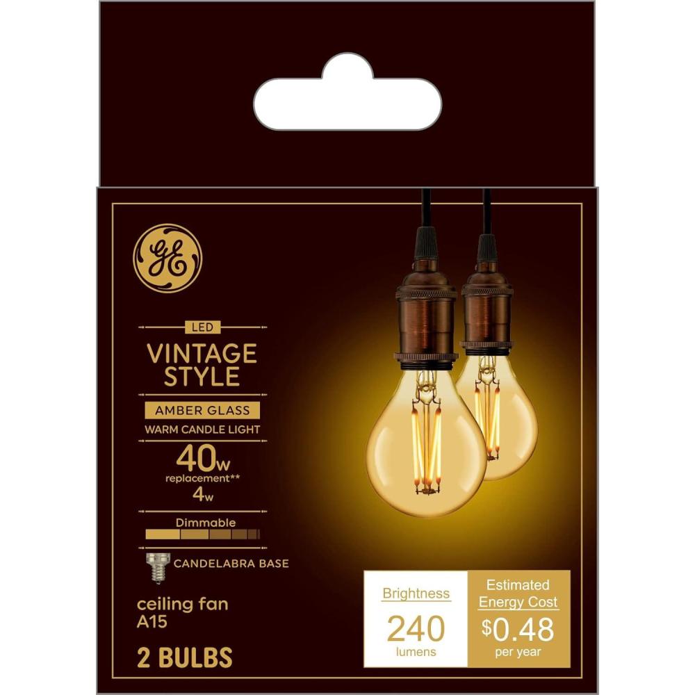 imageGE Vintage Style LED Light Bulbs 40 Watt Amber Finish Small Candelabra Base 2 Pack