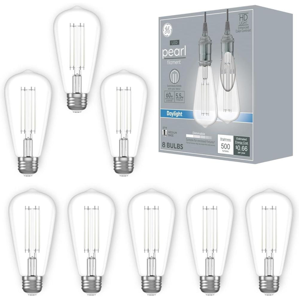 imageGE Vintage Style LED Light Bulbs ST19 Edison Style Clear Glass Warm Candle Light Energy Efficient and Dimmable LED Bulbs 60Watt Replacement 15000 Hours Lifespan 8 PackPearl Daylight