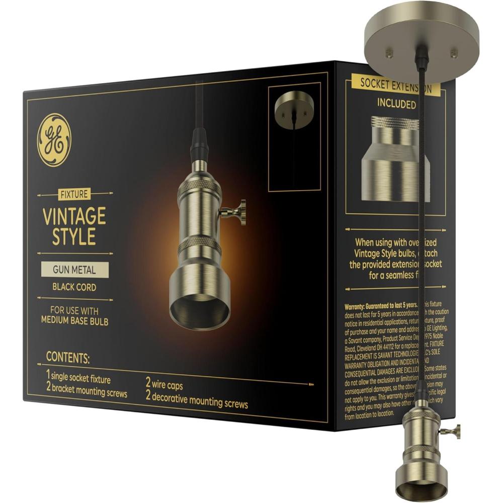 imageGE Vintage Style Light Fixture Gun Metal with Black Cord 1 PackGun Metal