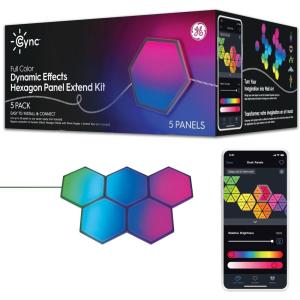 Cync GE Dynamic Effects Indoor Hexagon WiFi Smart LED Color Changing Lights, Wall Light Panels for Room Décor, Gaming Setup, Music Sync LED Wall Art, Works with Alexa and Google, 10 Panels(5 Panels)