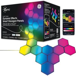 Cync GE Dynamic Effects Indoor Hexagon WiFi Smart LED Color Changing Lights, Wall Light Panels for Room Décor, Gaming Setup, Music Sync LED Wall Art, Works with Alexa and Google, 10 Panels(10 Panels)