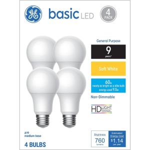 GE Basic Light Bulbs, 60 Watt, Soft White, A19 (4 Pack)(Soft White)
