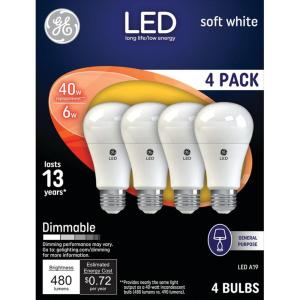 GE LED Light Bulbs, 40 Watt, Soft White, A19 (4 Pack)(4 Pack)