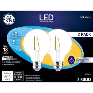 GE LED Light Bulbs, 60 Watt, Soft White, G25 Globe Bulbs, Clear, Medium Base (2 Pack)(2 Count (Pack of 1))