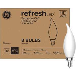 GE Refresh LED Light Bulbs, 60W, Daylight Candle Lights, Frosted Decorative Light Bulbs, Small Base (8 Pack)