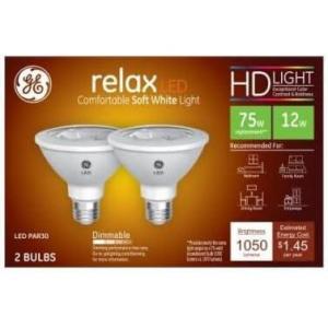 GE Relax LED Light Bulb, 75 Watt, Soft White, PAR30 Outdoor Floodlights (2 Pack)