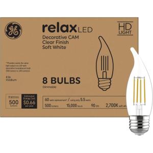 GE Relax LED Light Bulbs, 60W, Soft White Candle Lights, Decorative Bulbs, Medium Base (8 Pack)(Soft White)