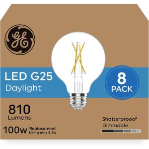 GE Ultra Bright LED Light Bulbs, 100 Watt Equivalent, Daylight Clear G25 Globe Bulbs (8 Pack)
