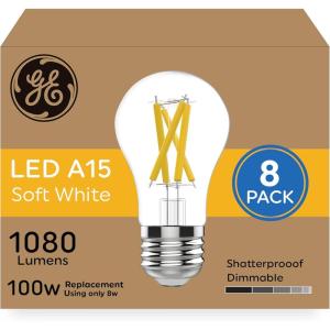 GE Ultra Bright LED Light Bulbs, 100 Watt Equivalent, Soft White, Ceiling Fan Clear A15 Bulbs (8 Pack)