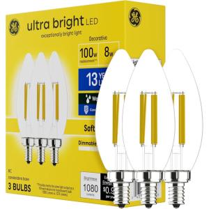 GE Ultra Bright LED Light Bulbs, 100W, Soft White Candle Lights, Clear Decorative B12 Light Bulbs (3 Pack)(3 Pack)