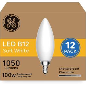 GE Ultra Bright LED Light Bulbs, 100W, Soft White Candle Lights, Frosted Decorative B12 Light Bulbs (12 Pack)