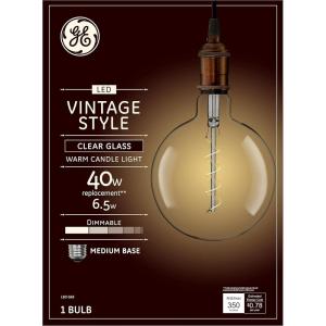 GE Vintage Style LED Light Bulb, 40 Watt, Clear Finish, Warm Candle Light, G63 Large Globe Bulb (1 Pack)(Clear)