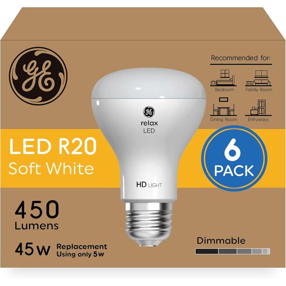 imageGE Relax HD LED Light Bulbs R20 Soft White Light Bulbs Indoor Floodlight Bulbs Dimmable LED Bulbs for Bedrooms and Dining Rooms 45Watt Equivalent 6 Pack45W  6pk