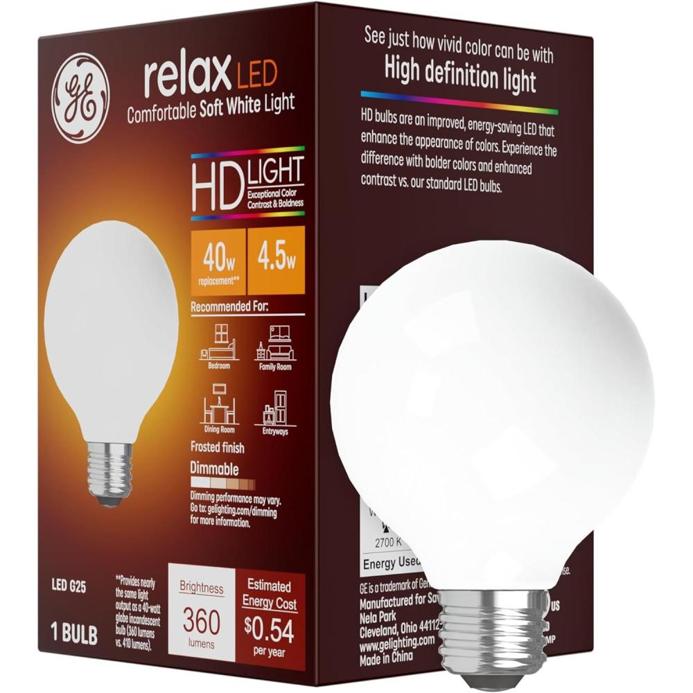 imageGE Relax LED Light Bulbs 40 Watt Soft White G25 Globe Bulbs Clear Medium Base 2 PackG25