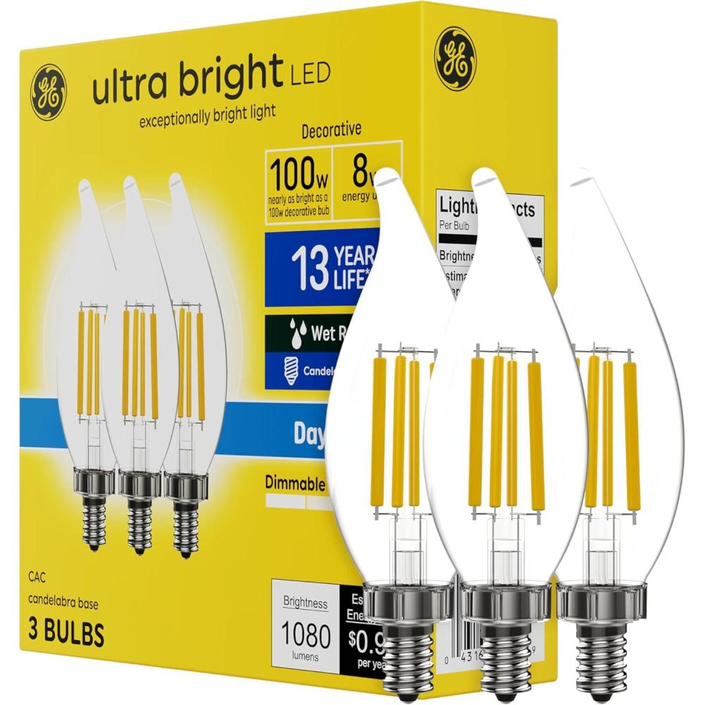 imageGE Ultra Bright LED Light Bulbs 100W Daylight Candle Lights Clear Decorative CA12 Light Bulbs Candelabara Base 3 PackClear Daylight