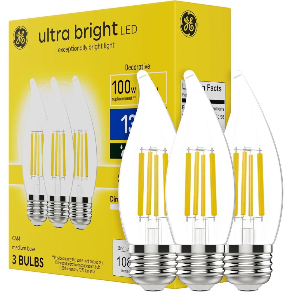 imageGE Ultra Bright LED Light Bulbs 100W Daylight Candle Lights Clear Decorative CA12 Light Bulbs Candelabara Base 3 PackClear Soft White