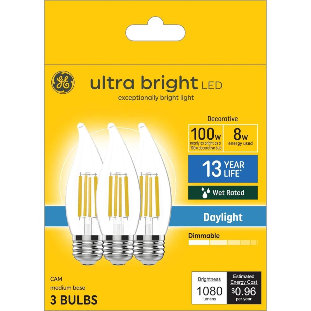 imageGE Ultra Bright LED Light Bulbs 100W Daylight Candle Lights Clear Decorative CA12 Light Bulbs Medium Base 3 Pack