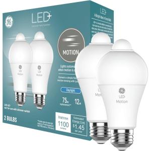 GE LED+ Motion Sensor LED Light Bulbs, 12W, Outdoor Security Lights, A21, Warm White (2 Pack)(Daylight)