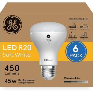 GE Relax HD LED Light Bulbs, R20 Soft White Light Bulbs, Indoor Floodlight Bulbs, Dimmable LED Bulbs for Bedrooms and Dining Rooms, 45-Watt Equivalent (6 Pack)(45W – 6pk)