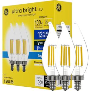 GE Ultra Bright LED Light Bulbs, 100W, Daylight Candle Lights, Clear Decorative CA12 Light Bulbs, Candelabara Base (3 Pack)(Clear Daylight)