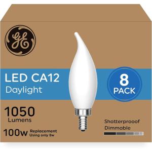 GE Ultra Bright LED Light Bulbs, 100W, Daylight Candle Lights, Clear Decorative CA12 Light Bulbs, Candelabara Base (3 Pack)(White)