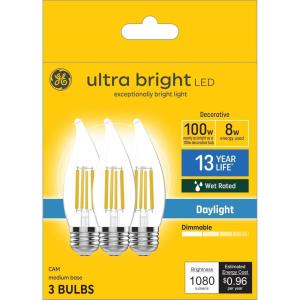GE Ultra Bright LED Light Bulbs, 100W, Daylight Candle Lights, Clear Decorative CA12 Light Bulbs, Medium Base (3 Pack)