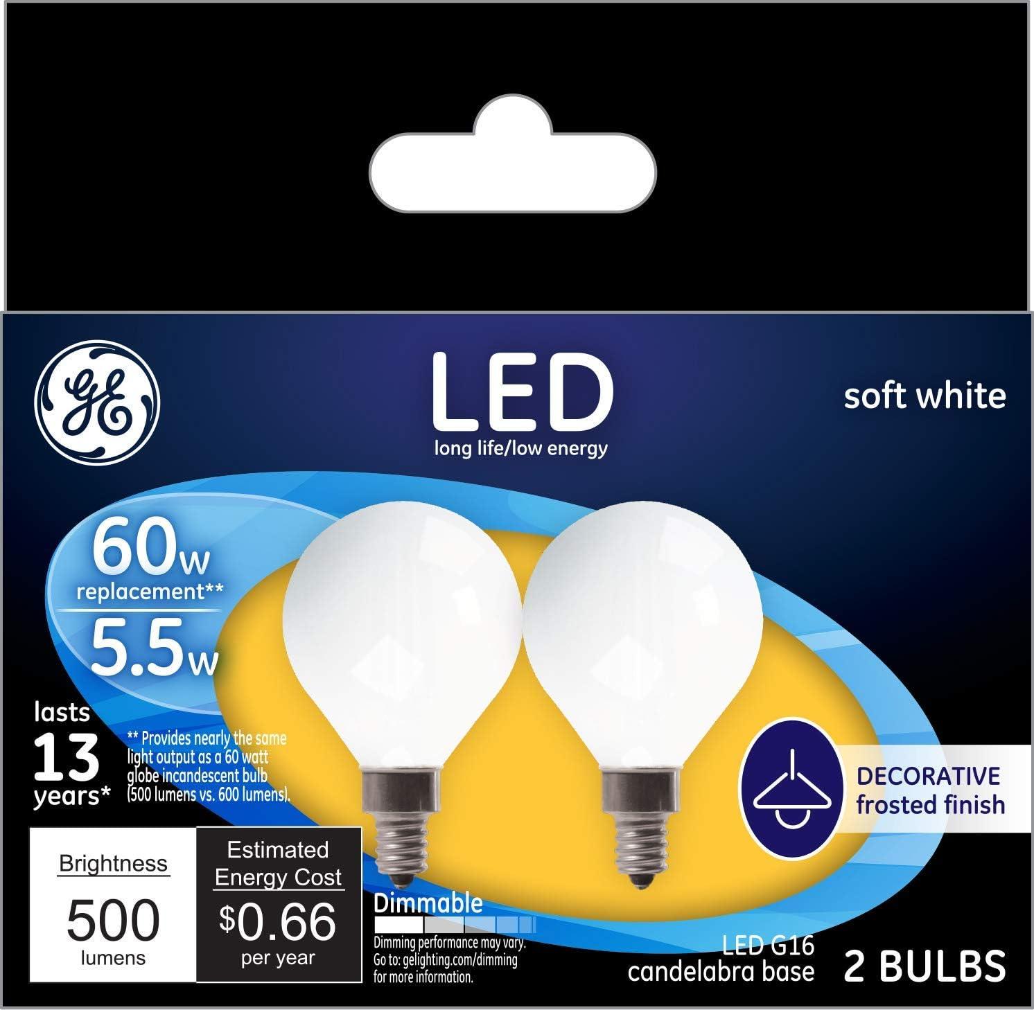 imageGE LED Light Bulbs 60 Watt Soft White G16 Globe Bulbs Frosted Small Base 2 Pack2 Count Pack of 1