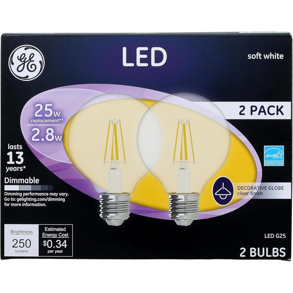imageGE LED Light Bulbs 25 Watt Soft White G25 Globe Bulbs Clear Medium Base 2 Pack2 Pack