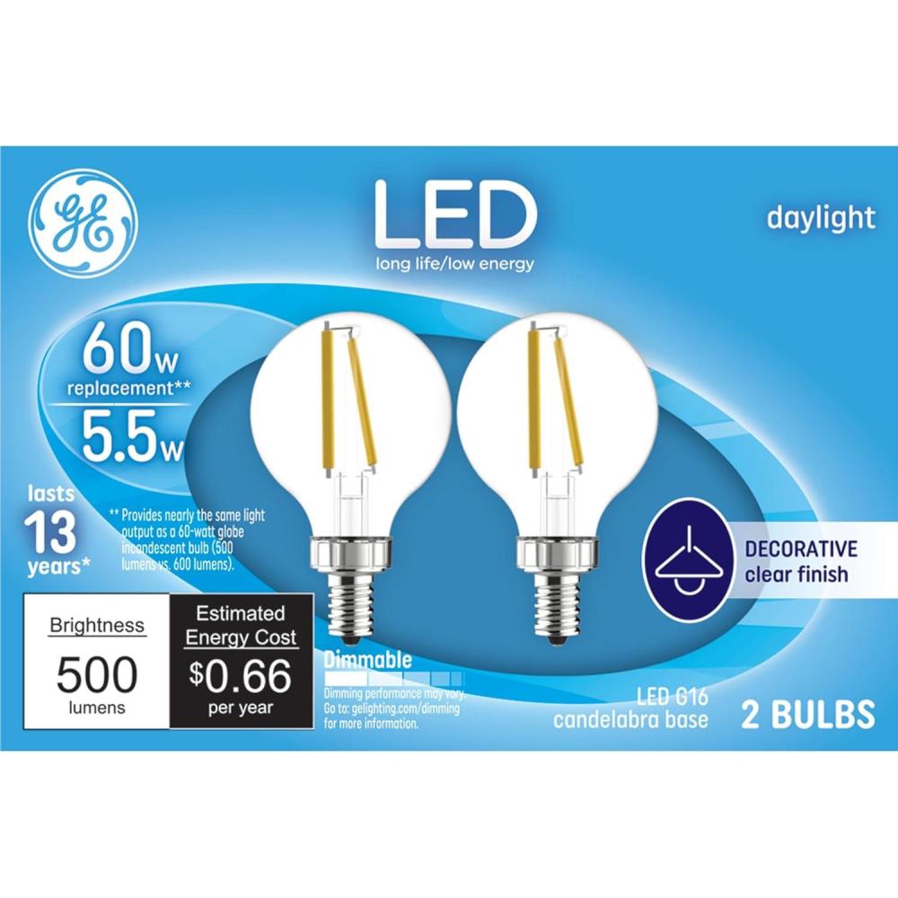 imageGE LED Light Bulbs 60 Watt Daylight G16 Globe Bulbs Clear Small Base 2 Pack2 Count Pack of 1