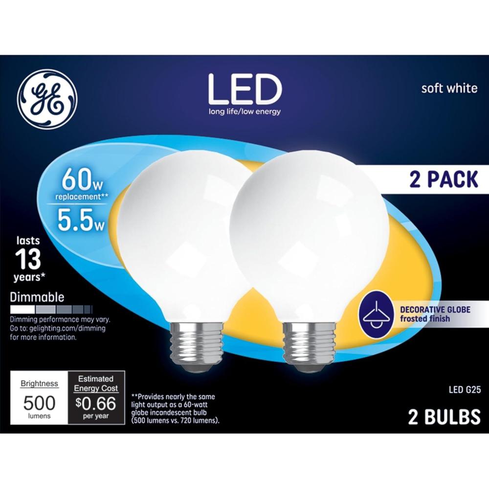imageGE LED Light Bulbs 60 Watt Soft White G25 Globe Bulbs Frosted Medium Base 2 PackSoft White