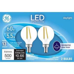 GE LED Light Bulbs, 60 Watt, Daylight, G16 Globe Bulbs, Clear, Small Base (2 Pack)(2 Count (Pack of 1))