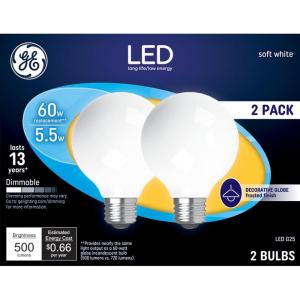 GE LED Light Bulbs, 60 Watt, Soft White, G25 Globe Bulbs, Frosted, Medium Base (2 Pack)(Soft White)
