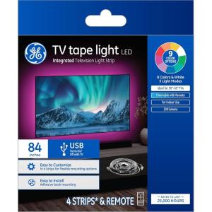 GE LED TV Tape Light, Color Changing Strip Light with Remote, No App or Wi-Fi Required, 84in (1 Pack)