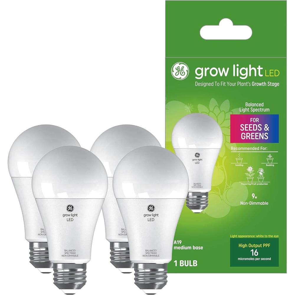 imageGE Grow Lights for Indoor Plants A19 LED Light Bulbs for Seeds and Greens with Balanced Light Spectrum White Indoor Plant Light 25000 Hours Lifespan 16 PPF 4 Pack Packaging May VarySeeds  Greens