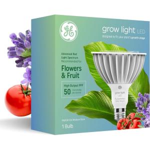 GE Grow LED Light Bulb, PAR38 Flood Light, Indoor LED Grow Lights for Flowers and Fruit, Advanced Red Light Spectrum, 25,000 Hour Lifespan, 50 PPF, 1 Pack (Packaging May Vary)