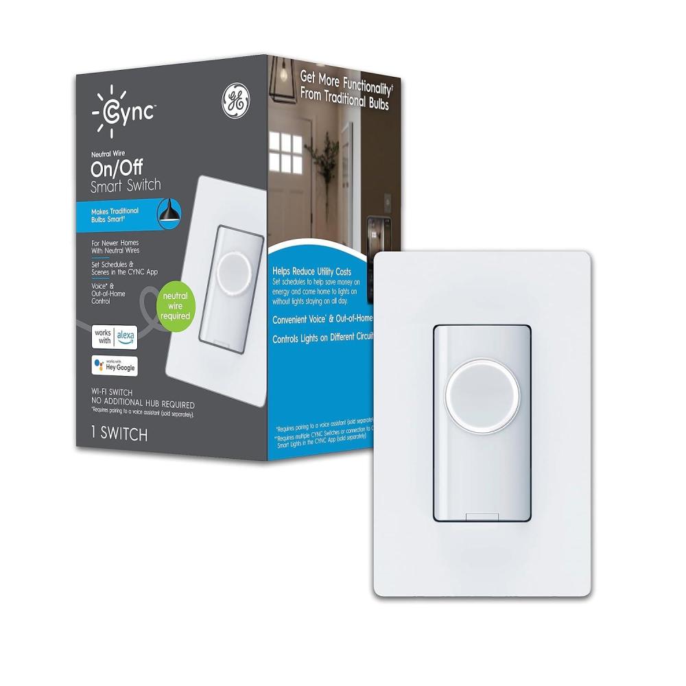 imageGE CYNC Smart Light Switch OnOff Button Style No Neutral Wire Required Smart Switch 24 GHz WiFi Works with Amazon Alexa and Google Home WhiteButton