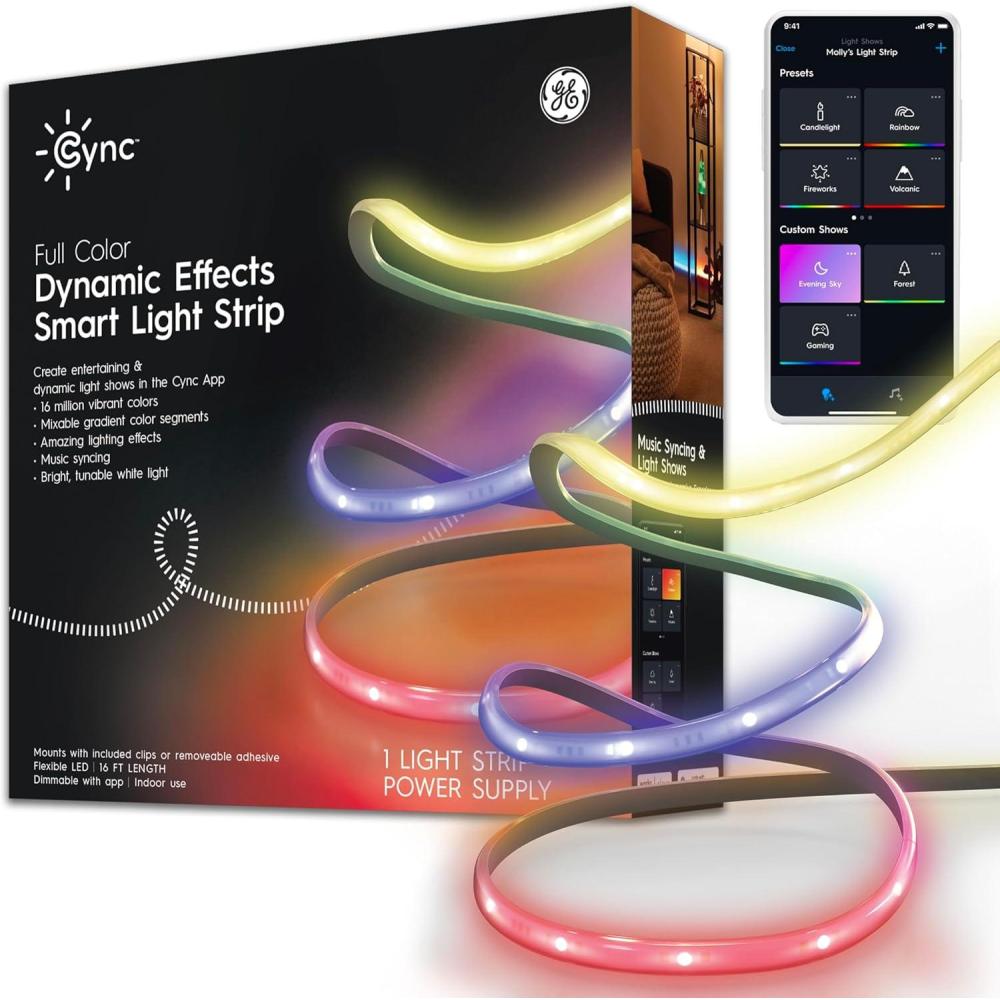 imageGE Cync Dynamic Effects Smart LED Light Strip with Music Sync Room Dcor Aesthetic Color Changing Lights LED Lights for Bedroom and TV Works with Amazon Alexa and Google 16 ft16ft with Power Cord