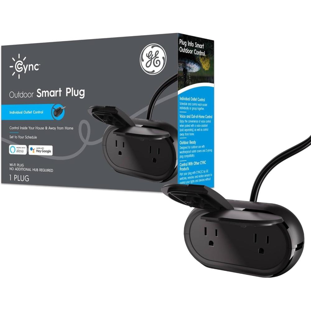 imageGE Cync Smart Plug Outdoor Bluetooth and WiFi Outlet Socket Weather Resistant Plug Works with Alexa and Google Black 1 Pack