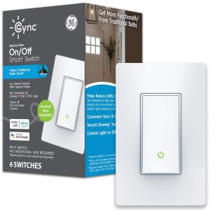 GE CYNC Smart Light Switch On/Off Button Style, No Neutral Wire Required Smart Switch, 2.4 GHz WiFi Works with Amazon Alexa and Google Home, White(Paddle 6PK)